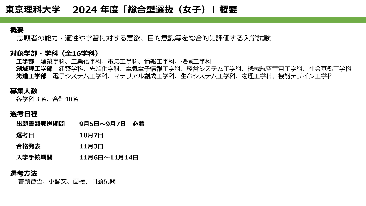 東京理科大学 2024年度「総合型選抜(女子)」概要