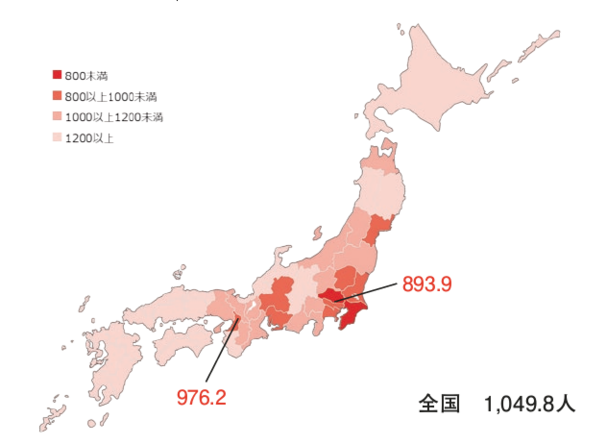 <図表7> 都道府県別人口10万対就業看護師数