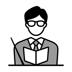 眼鏡をかけた男性教員がテキストと指し棒を持っているイラスト